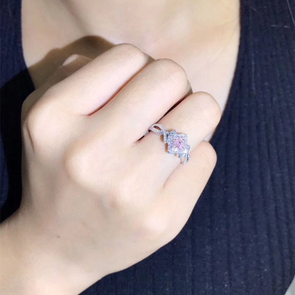 😍Beautiful Silver Pure Pink Double Layer Weave Princess Cut CZ Ring, K832 - Picture 6 of 11